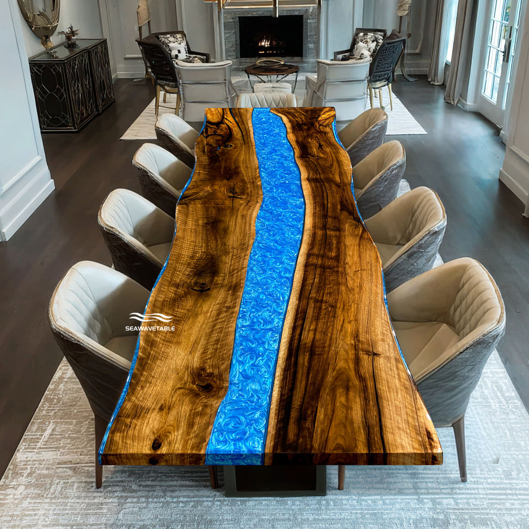New York modern luxury walnut swirling blue epoxy river dining table