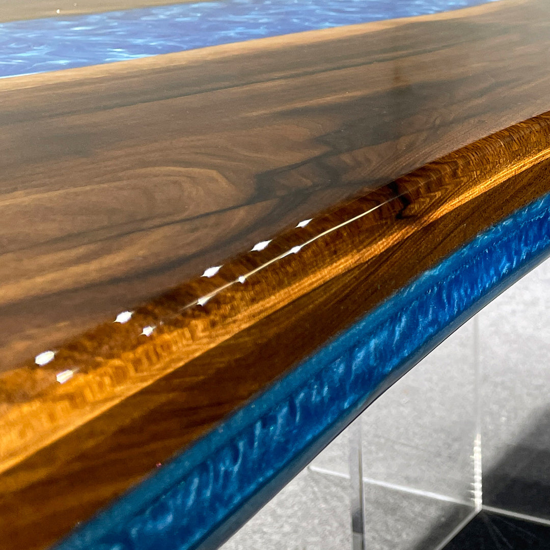 New York luxury interior dining table with bold blue resin river