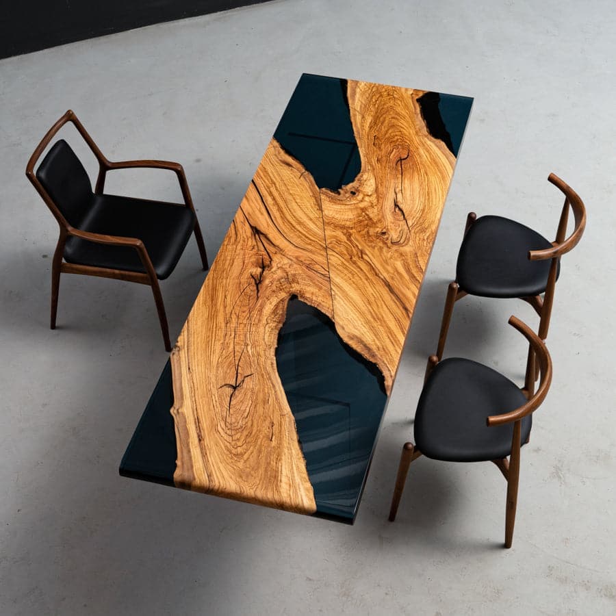 black epoxy resin and wood tables