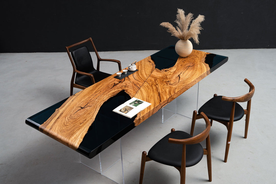 black epoxy resin and wood tables