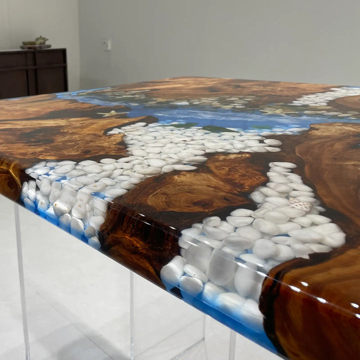 Artistic resin river table with natural wood and ocean inspired design