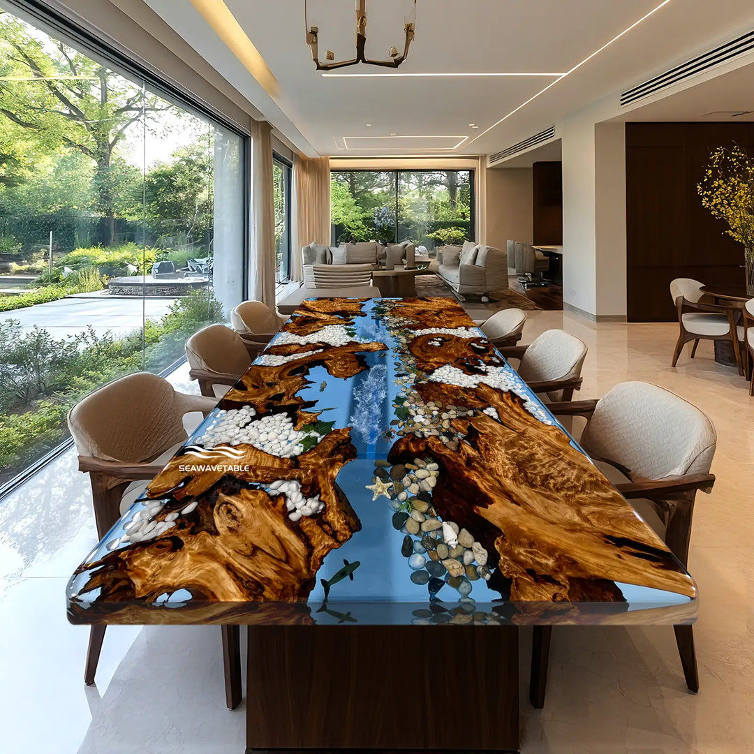 Ocean epoxy river dining table with embedded stones and driftwood style wood slabs
