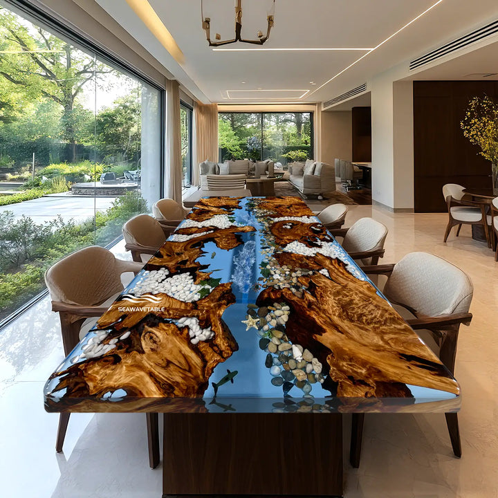 Ocean epoxy river dining table with embedded stones and driftwood style wood slabs