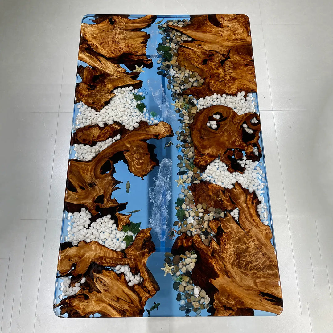 Luxury epoxy river table with driftwood grain and beach style elements