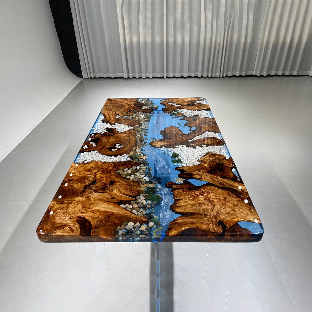 Handmade ocean inspired dining table with starfish and white stones design