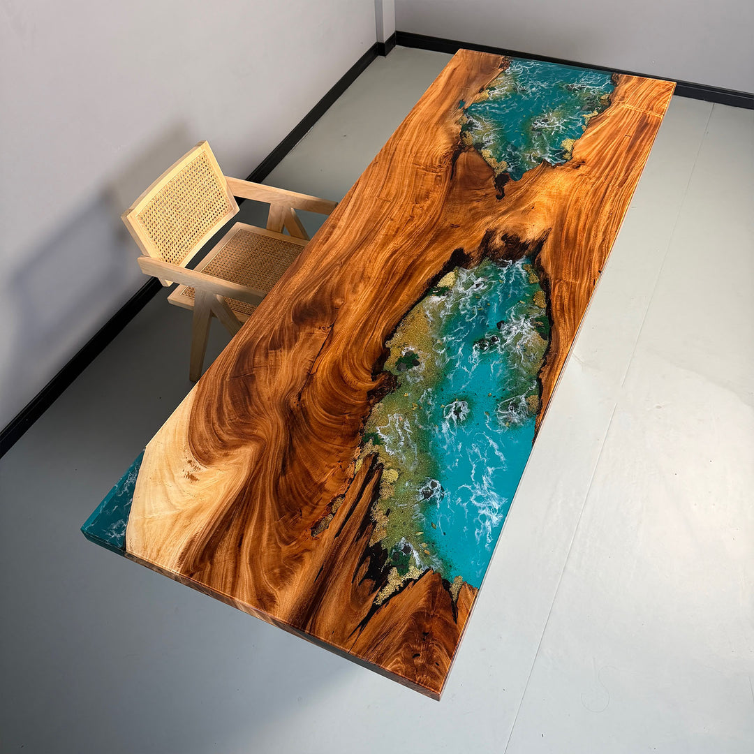 Handcrafted walnut epoxy river table featuring blue ocean resin
