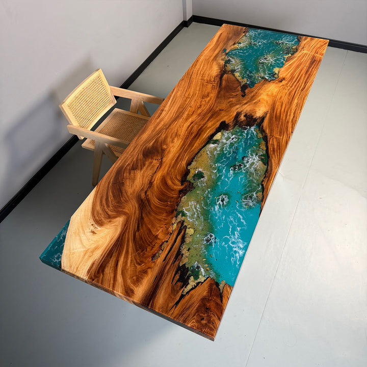 Luxury ocean-inspired epoxy river table made from solid walnut