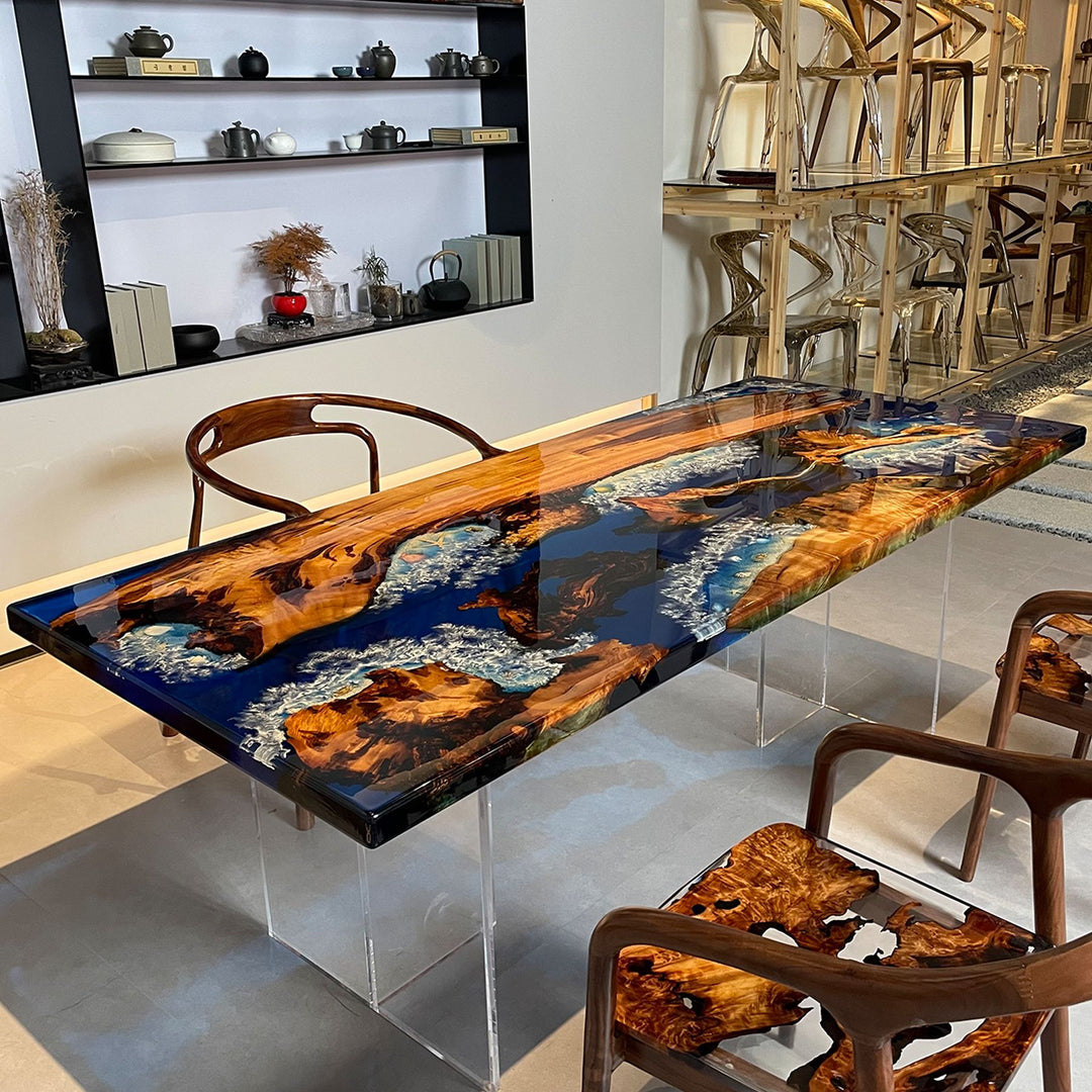 Oceanic Resin - Topped Wooden Table Set: A Fusion of Nature and Art