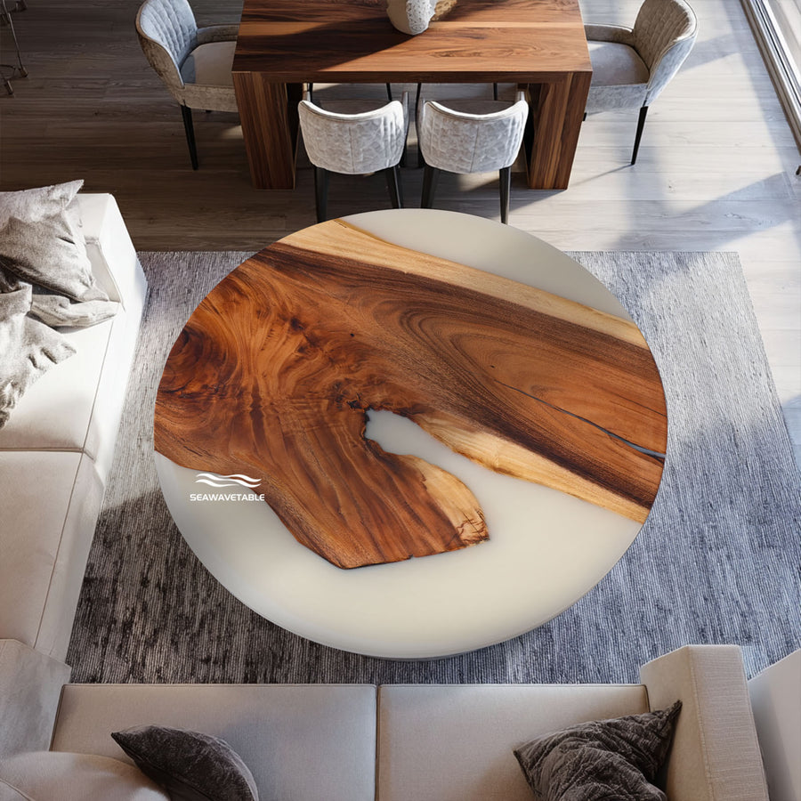 Oregon Coastal round walnut epoxy coffee table with Lunar Silk resin fusion