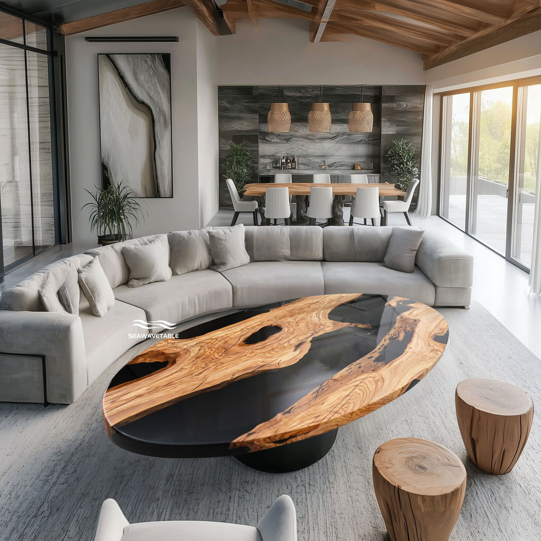 Round olive wood table with black resin river design