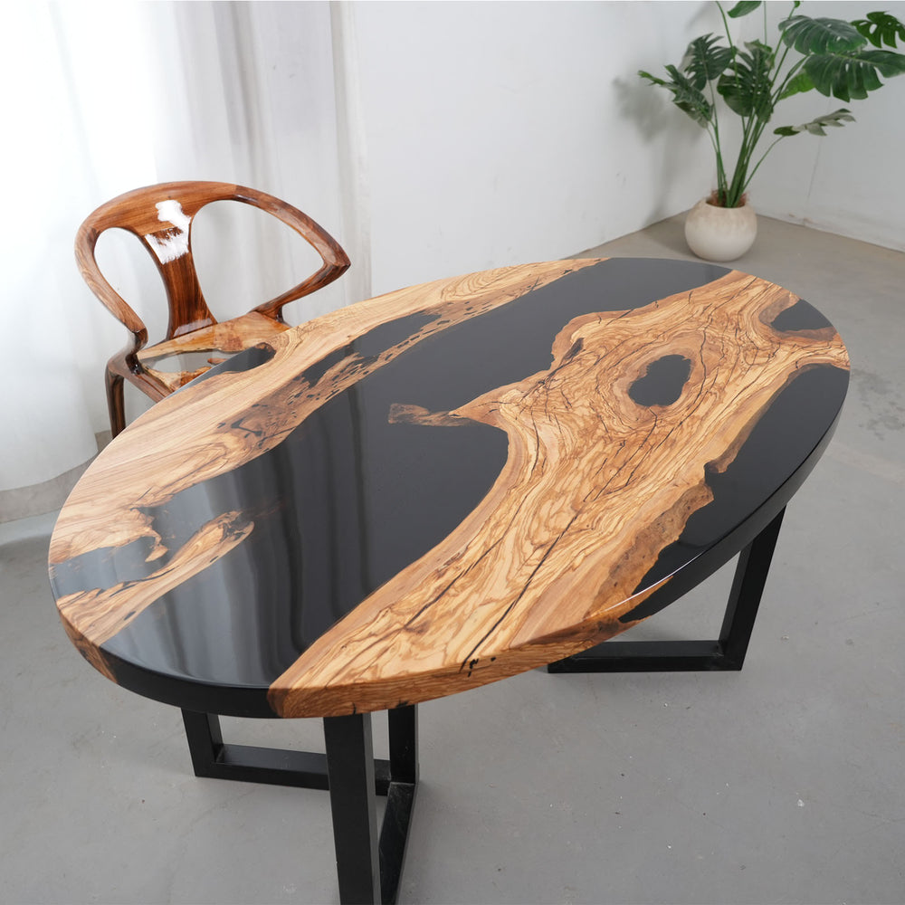 Modern round resin river table made from olive wood