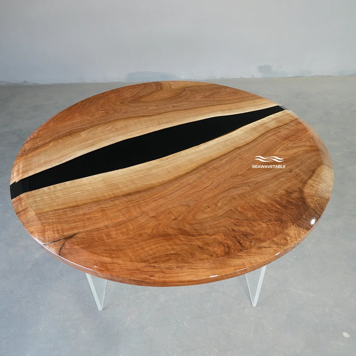 Round resin black walnut coffee table with handcrafted wooden coffee table surface and artistic table top finish - SeaWaveTable
