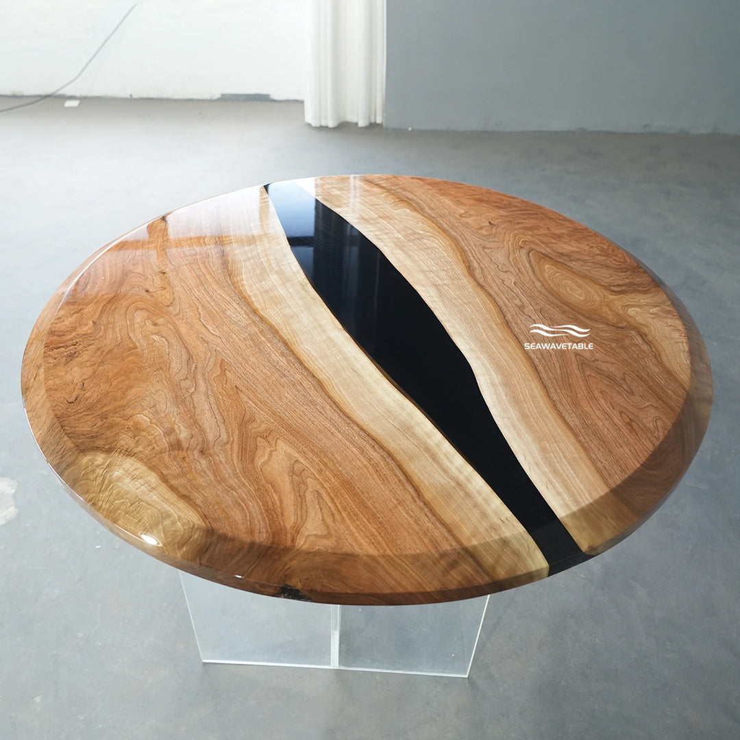 Black walnut coffee table exhibition showcase highlighting a natural wooden coffee table surface and elegant resin table top - SeaWaveTable