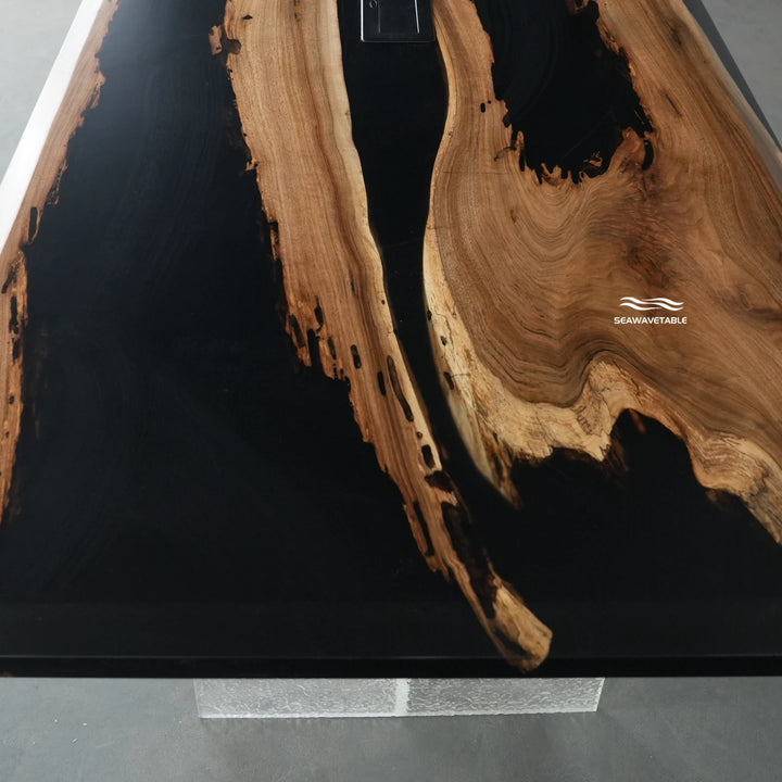 Edge detail of a handcrafted black walnut epoxy table featuring a refined bevel edge profile and premium finish - SeaWaveTable