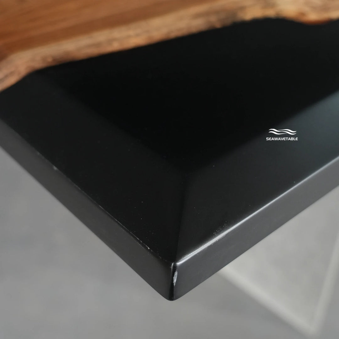 Detailed view of the resin surface on a black walnut table with epoxy top, highlighting craftsmanship and smooth texture and beveled edge - SeaWaveTable