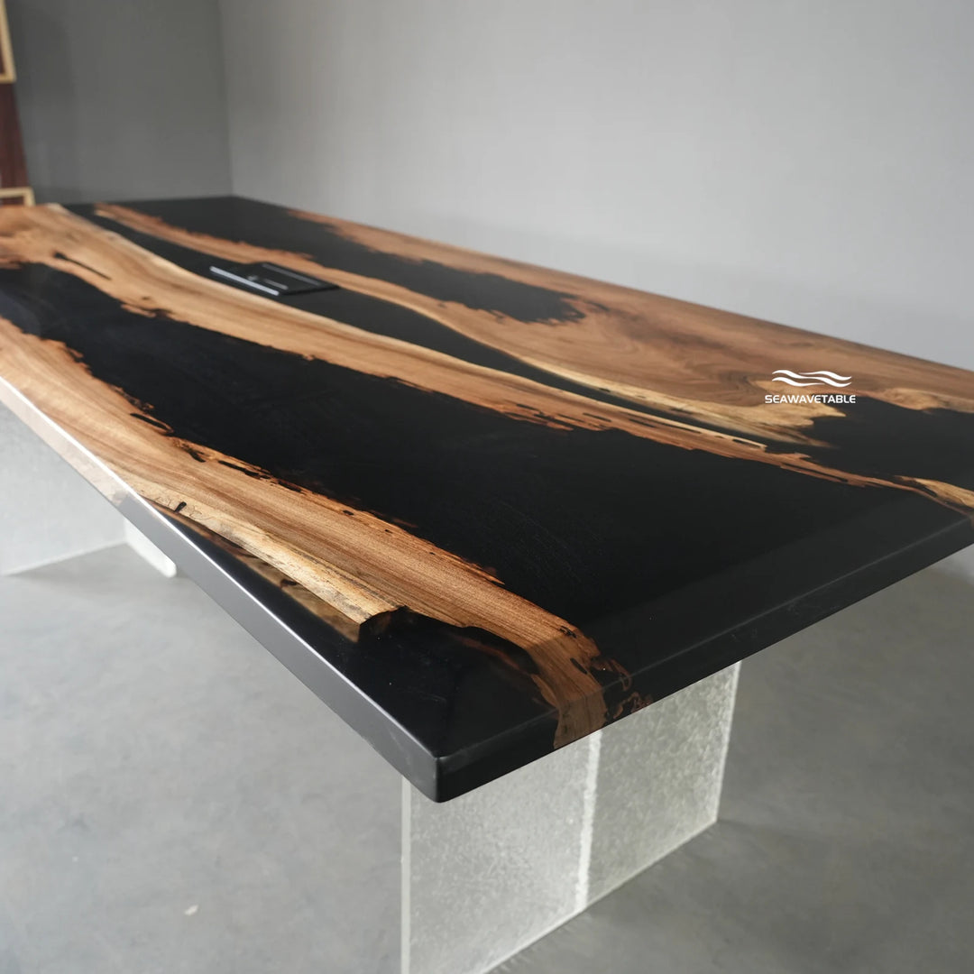 Black walnut epoxy table showcase highlighting the elegant combination of solid wood texture and a durable table with epoxy top - SeaWaveTable
