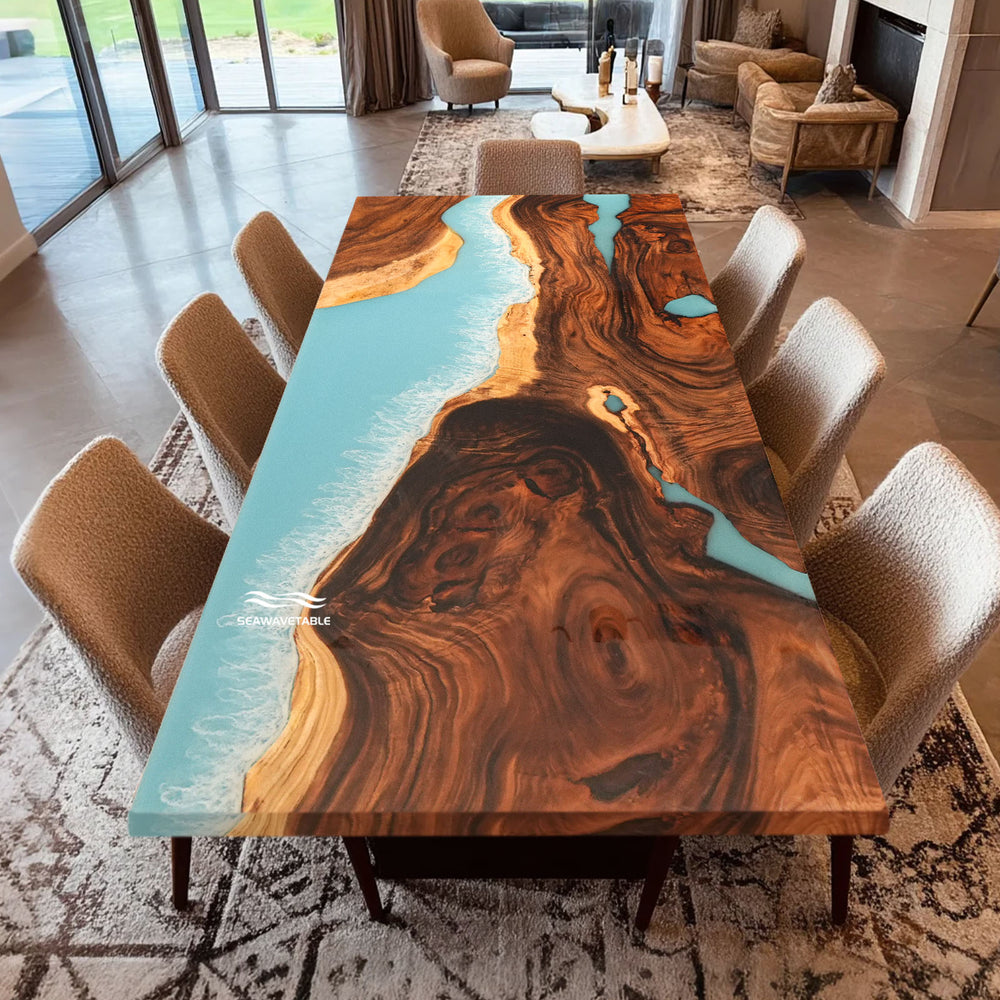 Top view of custom live edge black walnut wood with translucent aqua resin river and organic wood grains