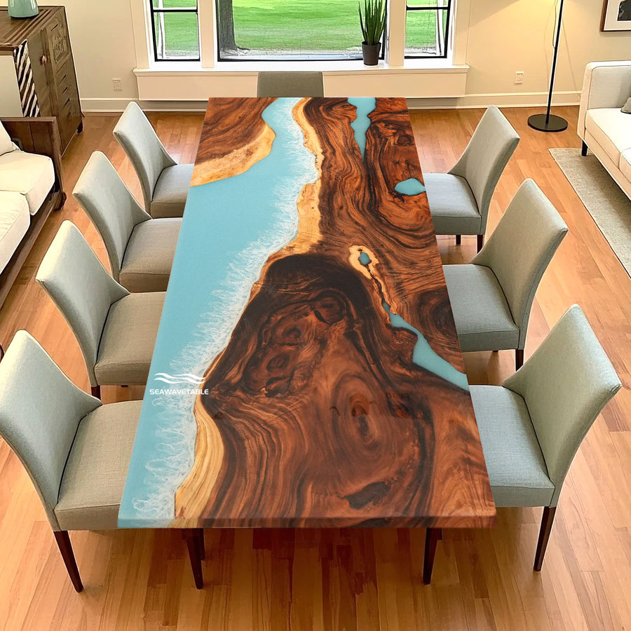 San Diego Coastal style live edge walnut dining table with ocean wave blue epoxy resin.