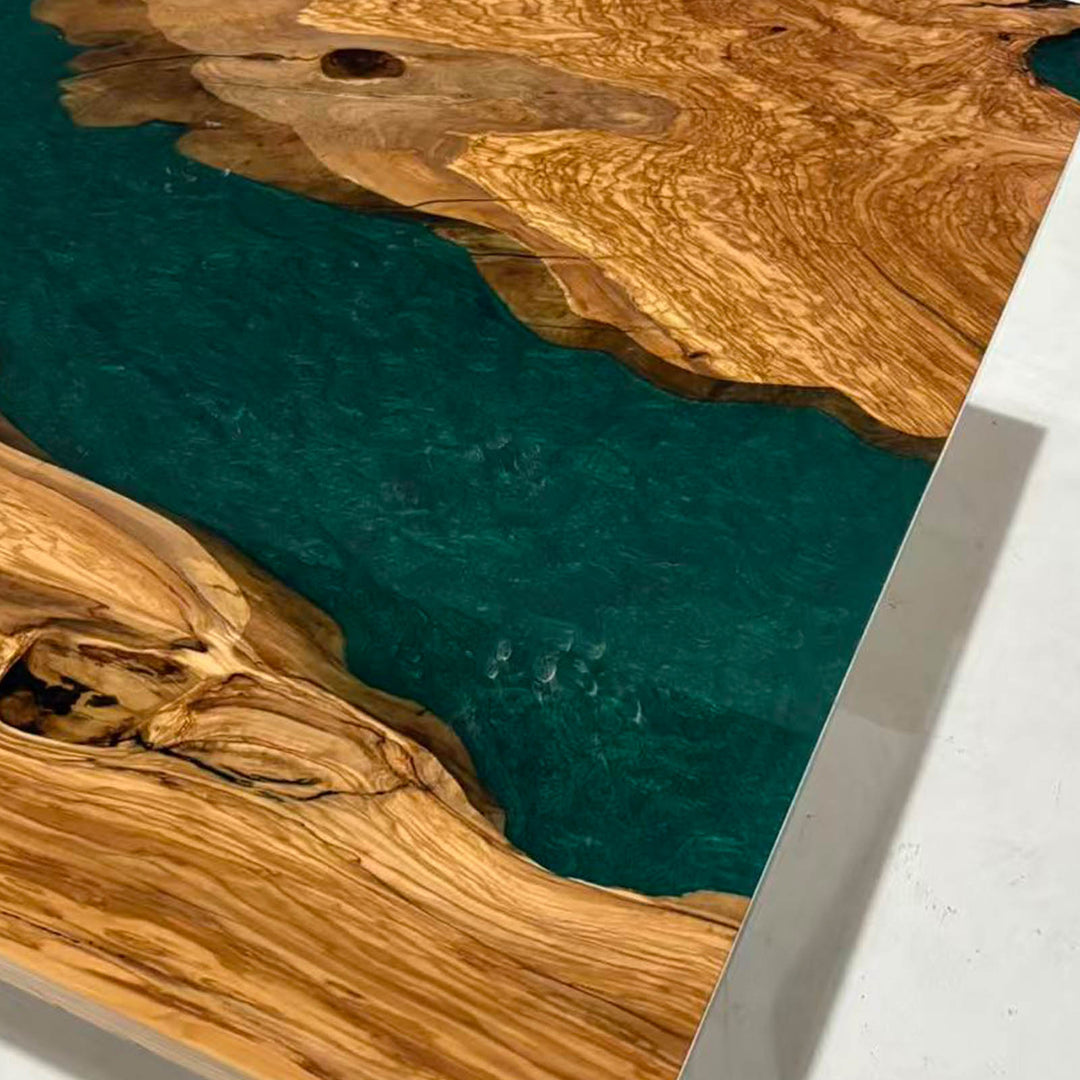 Olive Wood Slab Dining Table with Ocean Inspired Resin Design