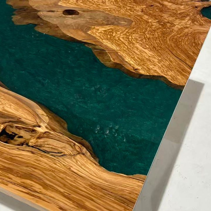 Olive Wood Slab Dining Table with Ocean Inspired Resin Design