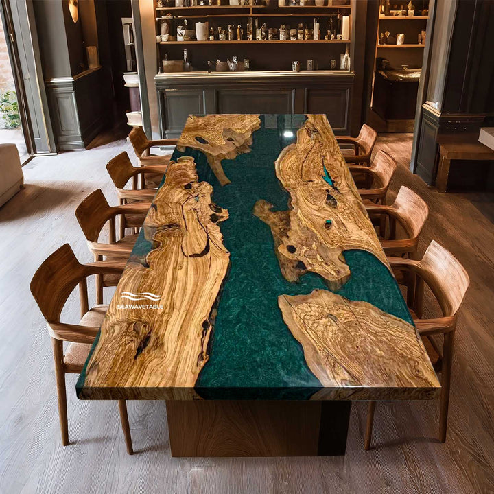 San Diego Coastal Modern Olive Wood and Teal Epoxy River Dining Table