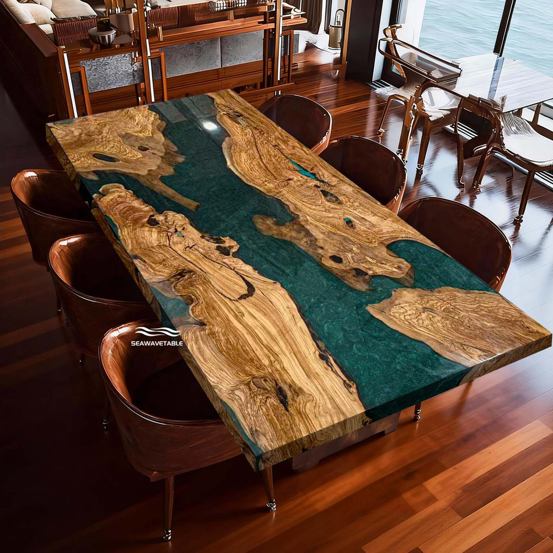 Olive Wood Dining Table with Deep Teal Epoxy Resin River Design