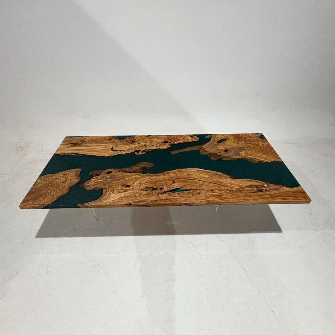 Handcrafted Olive Wood and Blue Green Resin River Table