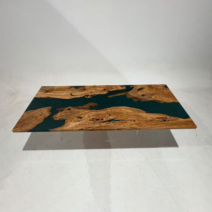 Handcrafted Olive Wood and Blue Green Resin River Table
