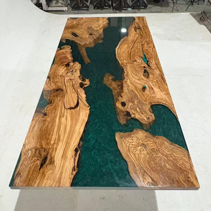 Coastal Modern Dining Table Featuring Natural Olive Wood Grain