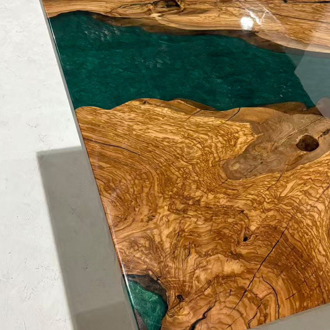 Close Up of Olive Wood Grain and Teal Epoxy Resin Details