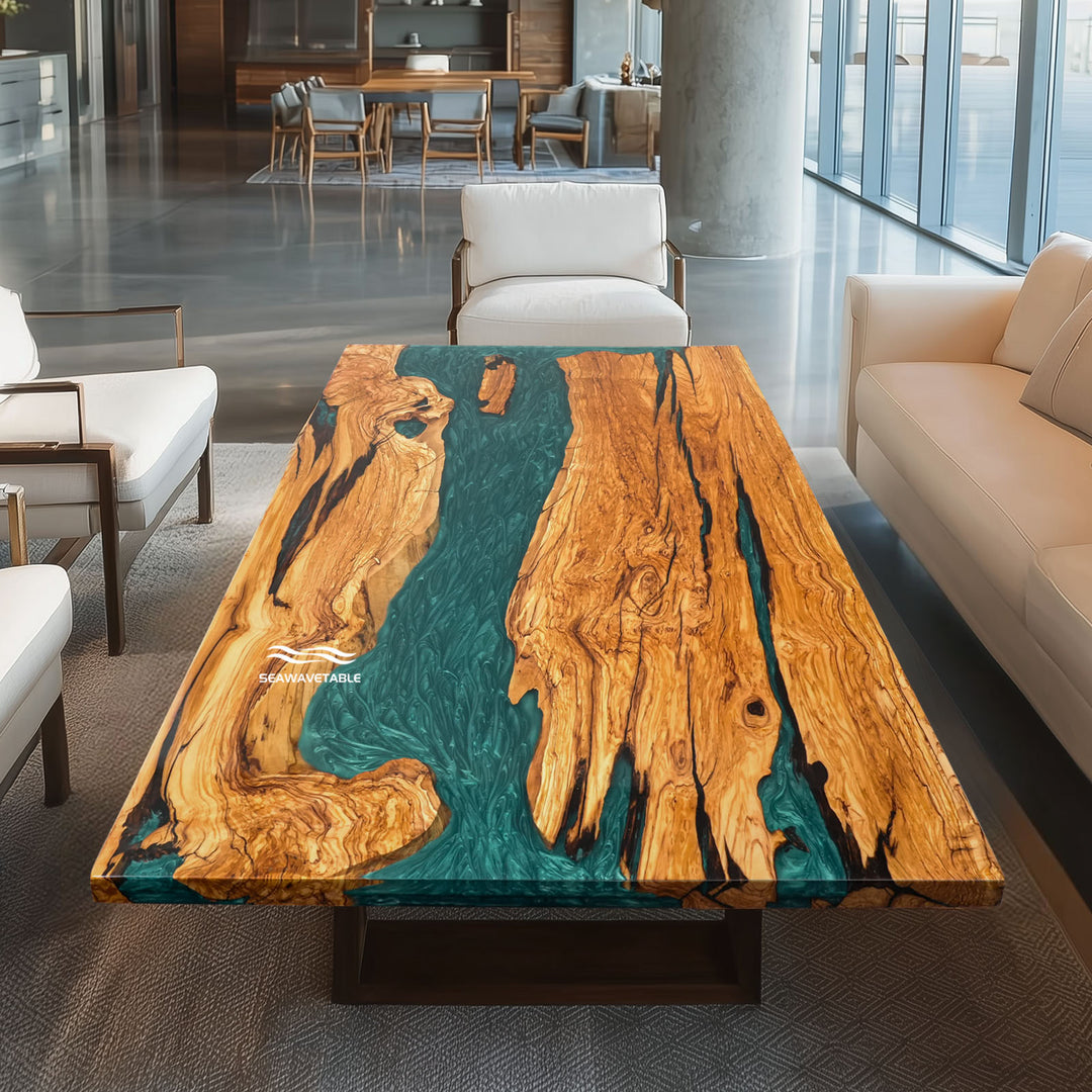 Handcrafted olive wood and lagoon epoxy river dining table