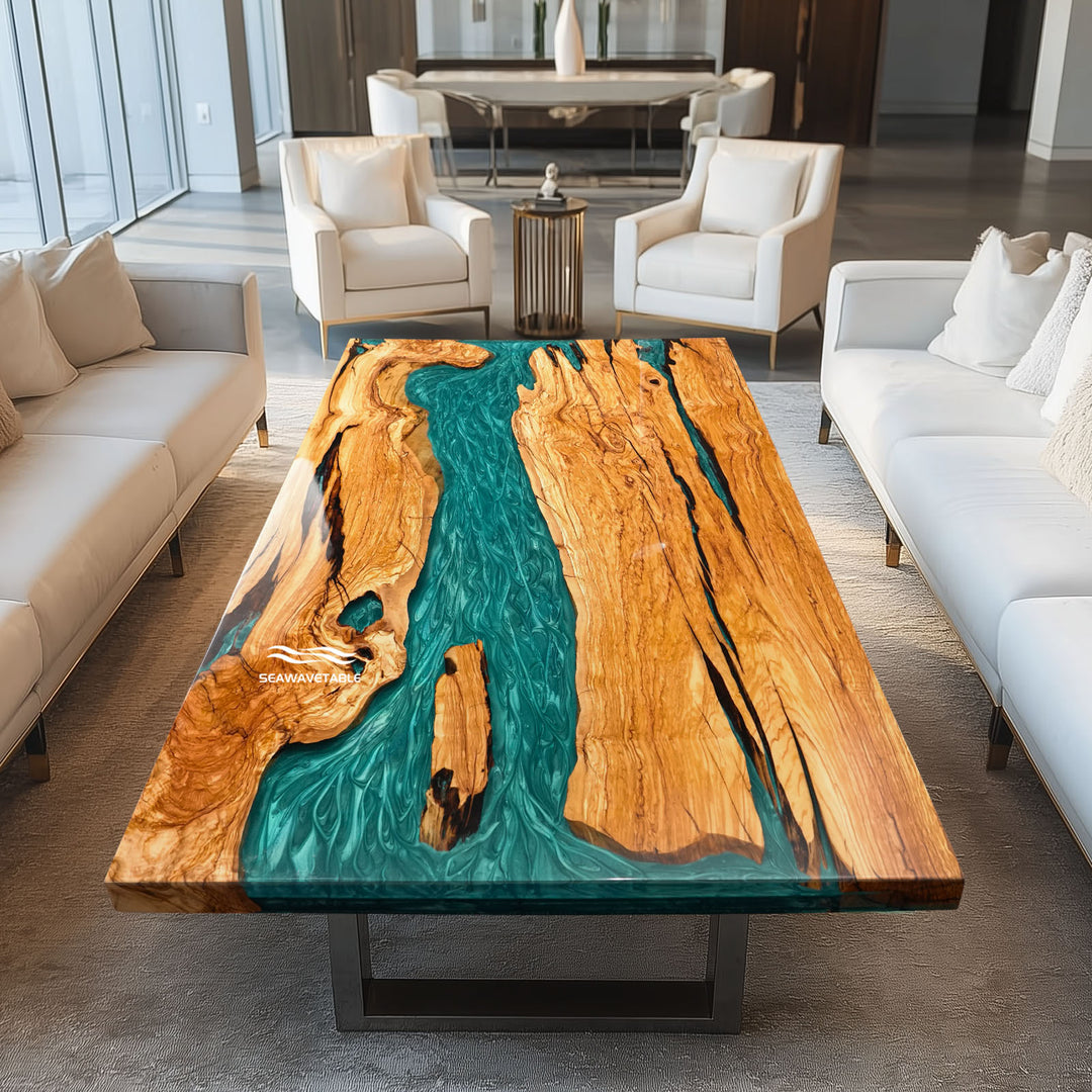 Olive wood dining table with mystic lagoon epoxy river coastal style