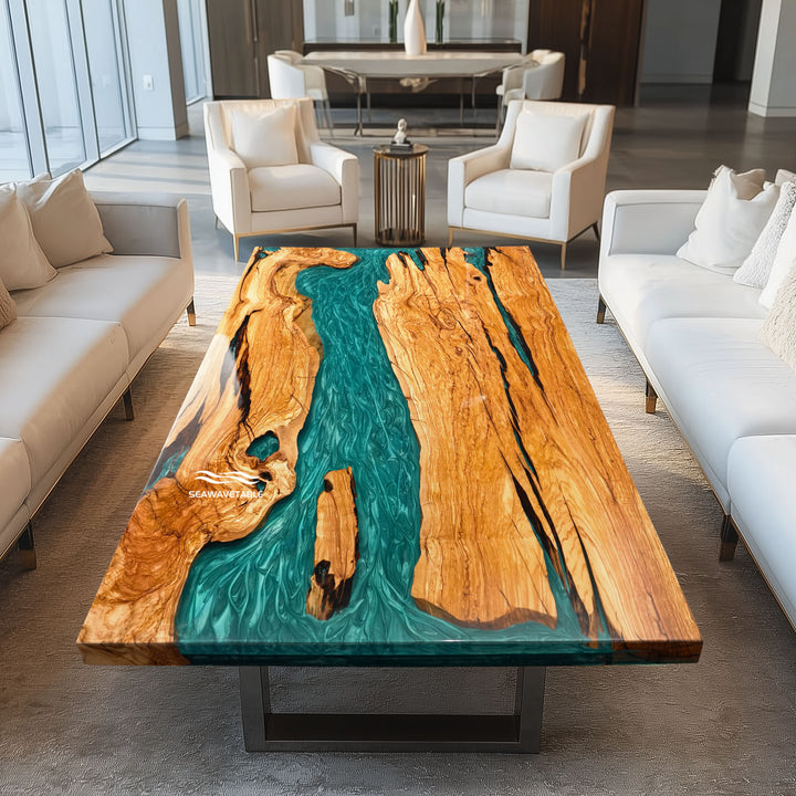Olive wood dining table with mystic lagoon epoxy river coastal style