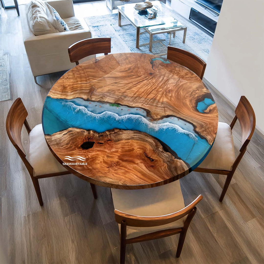 San Diego coastal epoxy round coffee table with seashell inlay and blue ocean resin