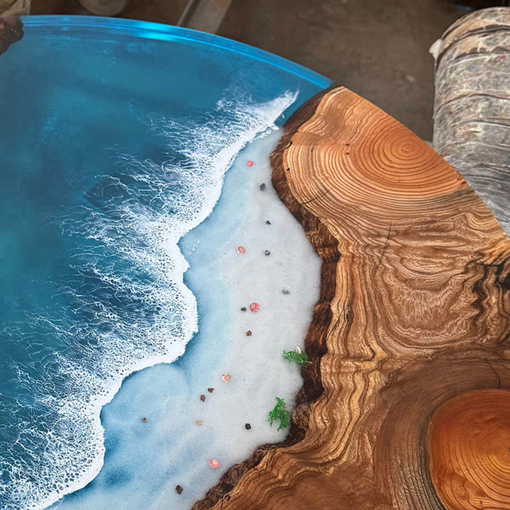 Contemporary ocean resin coffee table with seashell inlay art