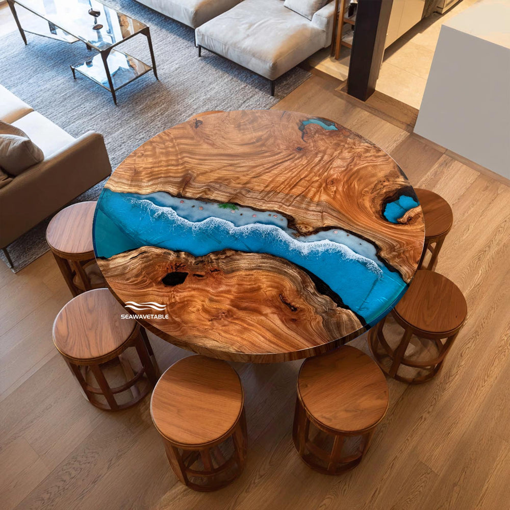 Black walnut epoxy resin coffee table with realistic ocean wave design