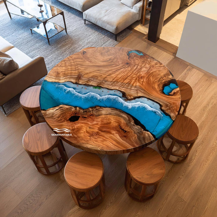 Black walnut epoxy resin coffee table with realistic ocean wave design
