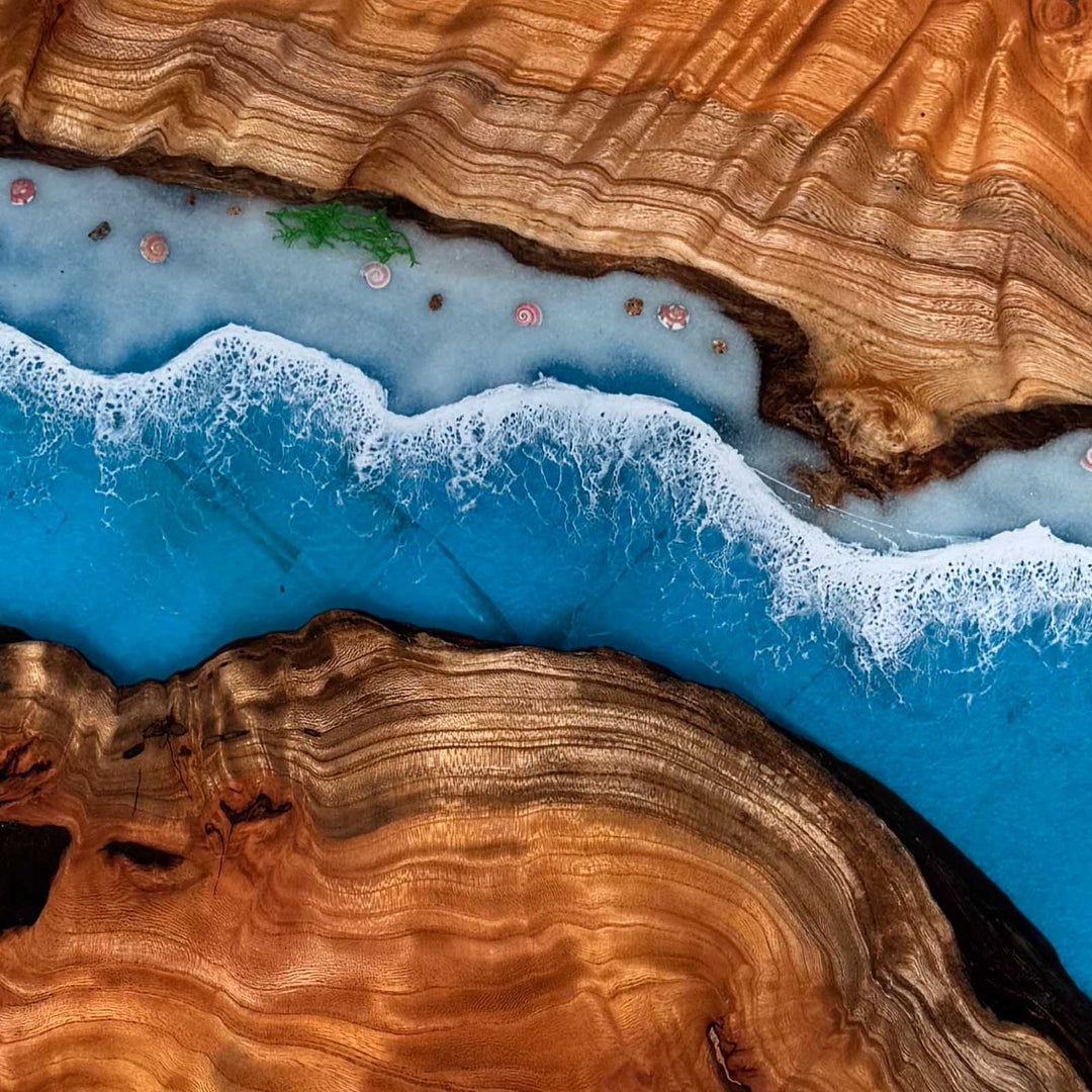 Luxury beach style epoxy coffee table with sea foam resin artwork