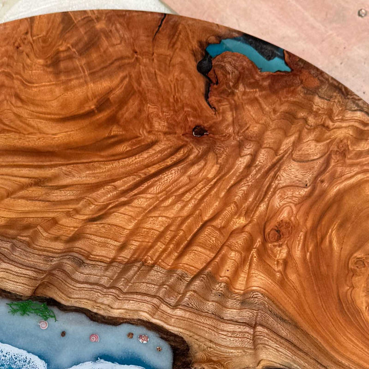 Unique walnut and epoxy beach table with natural wood texture