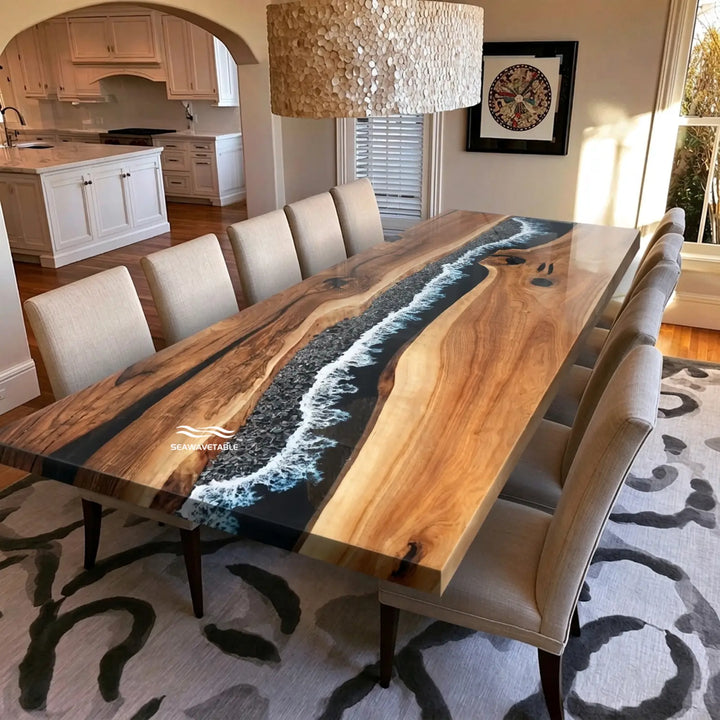 San Diego coastal style black epoxy river dining table with white ocean waves