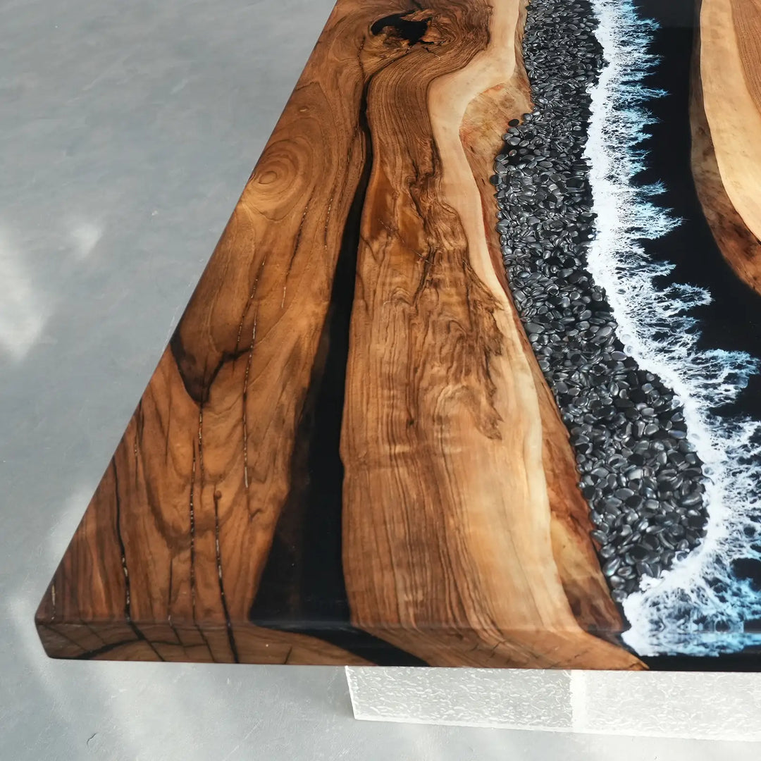 Contemporary solid wood dining table with ocean wave epoxy art
