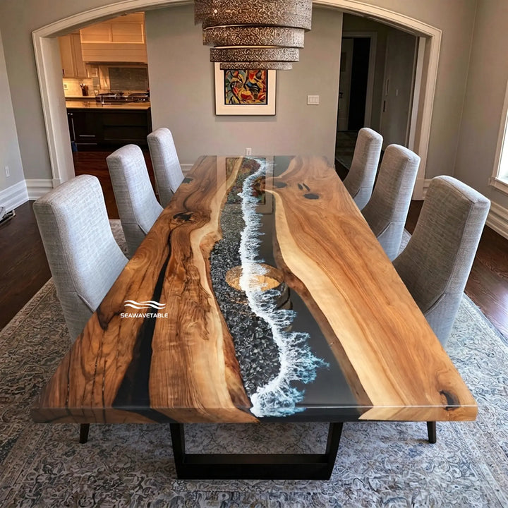 CRT-410 ocean wave epoxy resin dining table with natural wood grain