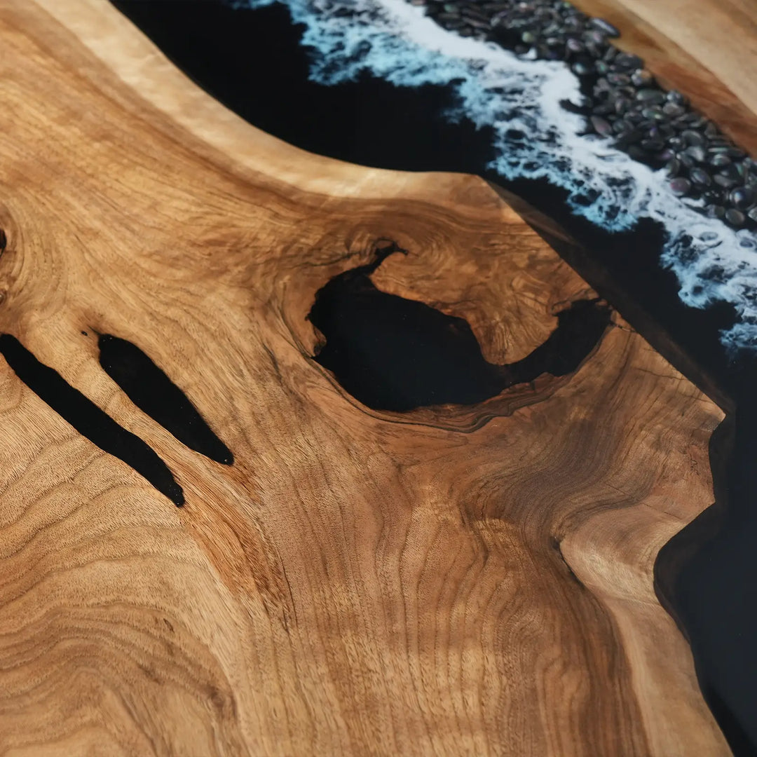 Luxury ocean-inspired epoxy resin table with warm brown natural wood