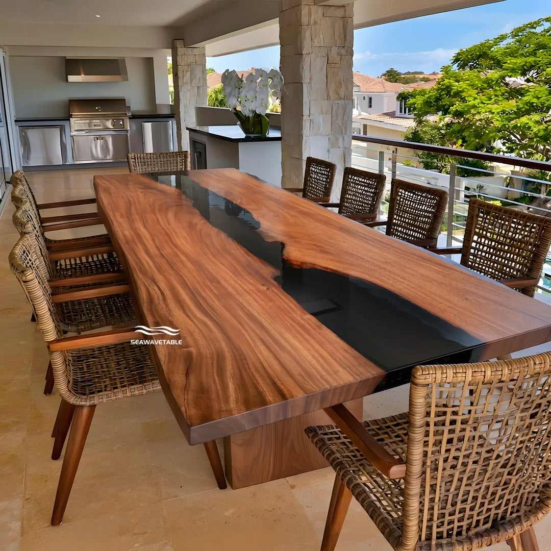 CRT-373 walnut wood dining table with black epoxy river centerpiece