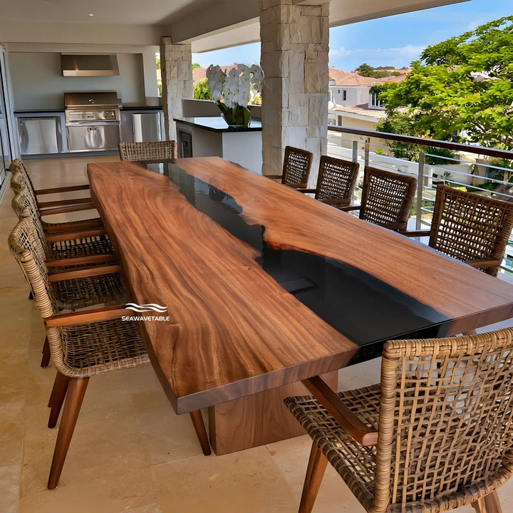 CRT-373 walnut wood dining table with black epoxy river centerpiece