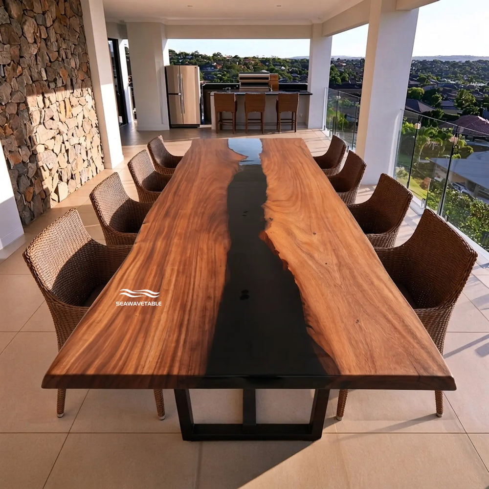 Handcrafted walnut wood and black epoxy dining table by SeawaveTable