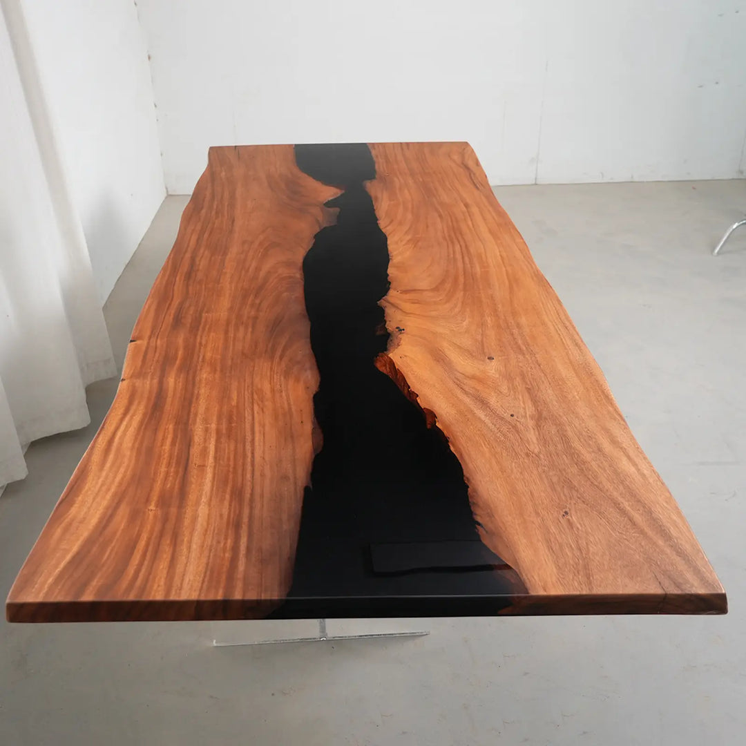 San Diego modern coastal walnut dining table with black resin inlay