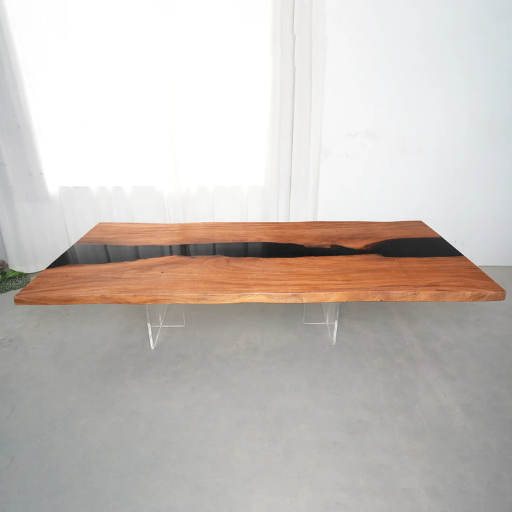 Luxury walnut dining table with contrasting black epoxy center