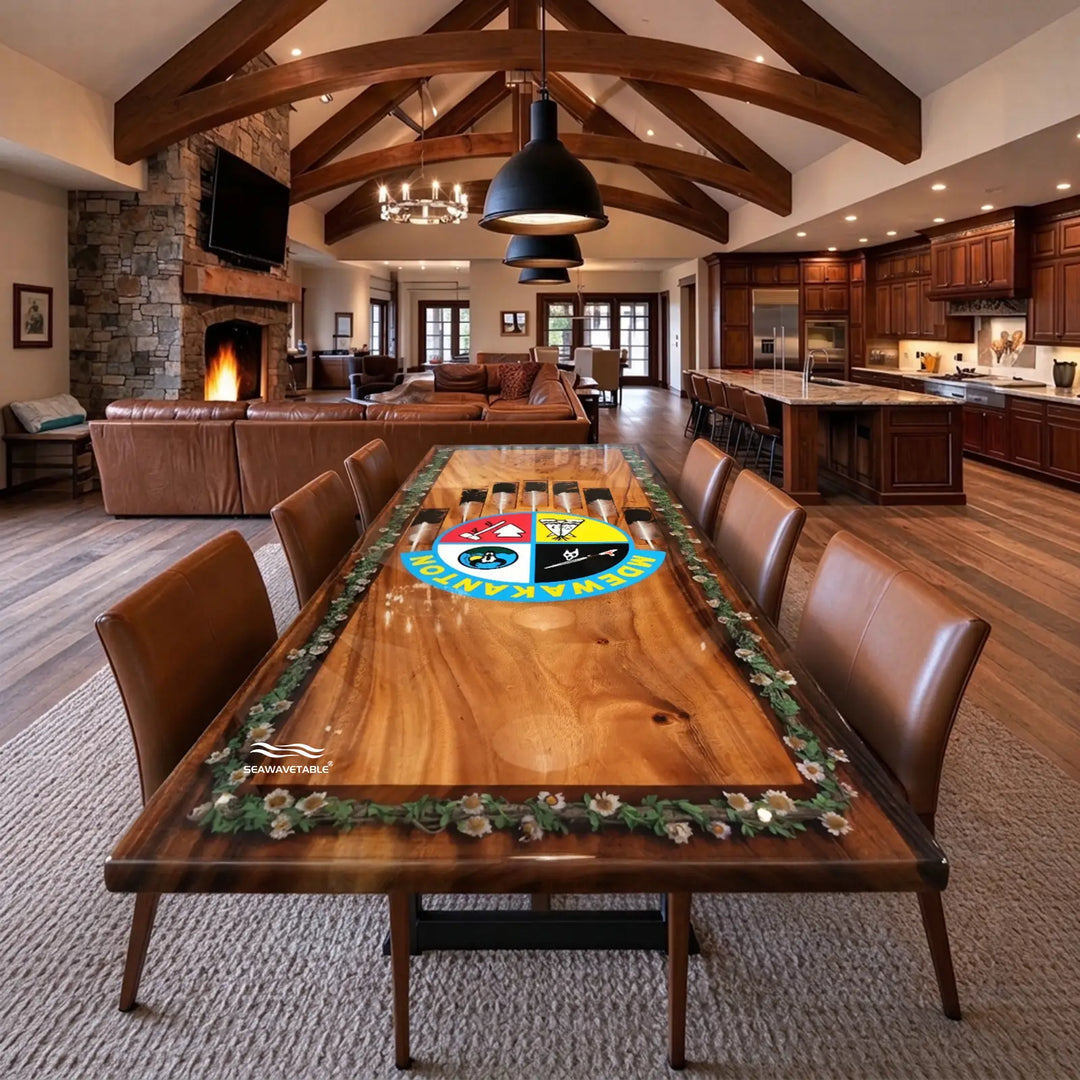 Santa Fe Southwestern rustic wood epoxy dining table with decorative floral inlay – CRT-407