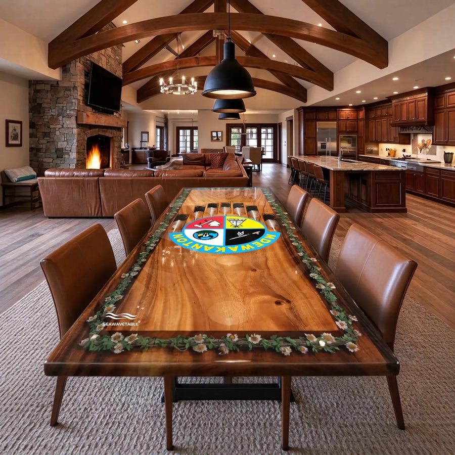 Santa Fe Southwestern rustic wood epoxy dining table with decorative floral inlay – CRT-407